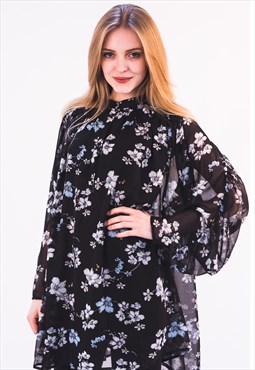 Flowy Chiffon Oversized Shirt in Black Floral Print