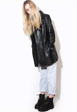 VINTAGE 90'S BLACK LEATHER TRENCH COAT WINTER