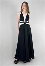 Yvette of Paris 70's Halter Neck Black White Maxi Dress