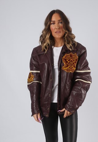 RARE LEATHER JACKET BOMBER OVERSIZED VARSITY UK 14 16 (CK7E)