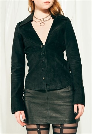 Vintage Leather Blazer Y2K Real Suede Jacket in Black