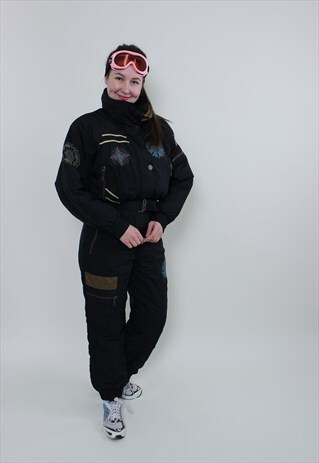 BLACK ONE PIECE SKI SUIT, WOMEN RETRO SNOWSUIT, SIZE M