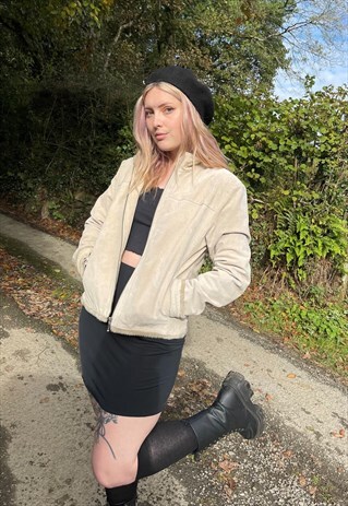 VINTAGE 90S CREAM GENUINE LEATHER FAUX FUR TRIM SUEDE COAT