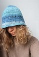 HAND MADE KNITTED MERMAID BLUE COTTON BUCKET HAT