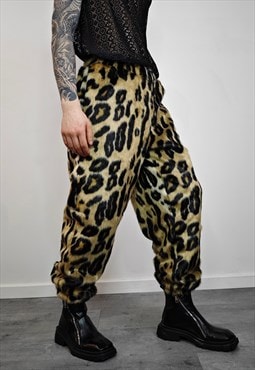 Leopard joggers faux fur pants animal print trouser brown