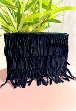 Vintage Boho Black Fringed 90's Clutch Handbag