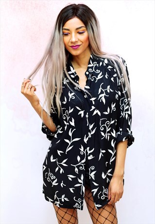 1990S VINTAGE BLACK AND WHITE FLORAL OVERSIZED SHIRT