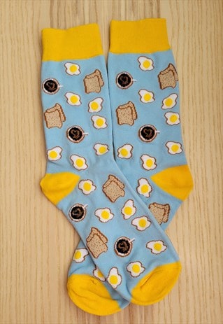 Sunshine Egg & Toast Pattern Cozy Socks in Grey