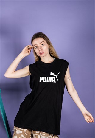 VINTAGE PUMA SPORTS VEST IN BLACK WITH A WHITE LOGO