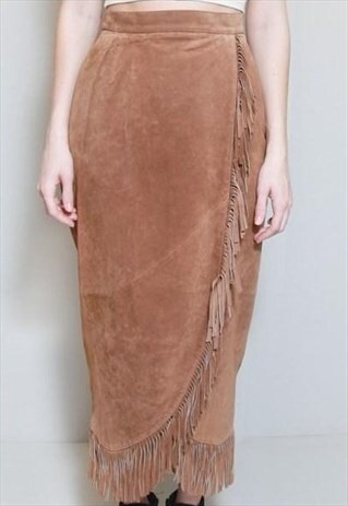 VINTAGE 1970'S PREMIUM BROWN SUEDE FRINGED WRAP SKIRT