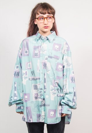 VINTAGE 90'S PASTEL BLUE & PURPLE ABSTRACT PATTERN SHIRT