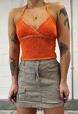 Y2k Orange Crochet Halter Top