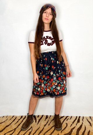 VINTAGE 70'S FLORAL HIGH WAISTED MIDI SKIRT
