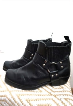 Vintage Black Genuine Leather Biker Boots Shoes Cowboy boots