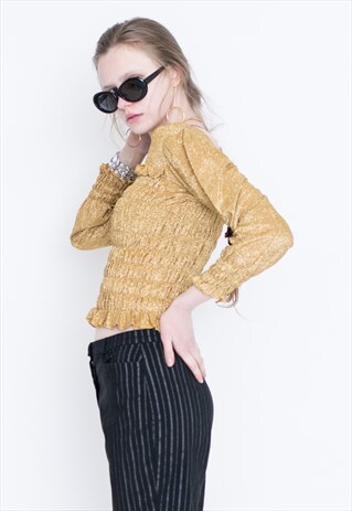 VINTAGE BROWN SHINY RETRO CROP BLOUSE