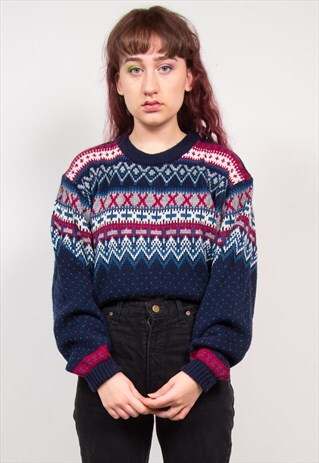 VINTAGE 90'S BLUE & RED FAIRISLE OVERSIZED KNIT JUMPER