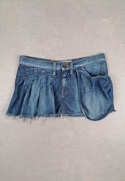  Y2K Denim low waist micro mini-skirt faded frayed hem