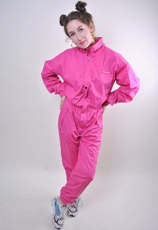 80S PINK ONE PIECE SKI SUIT, RETRO COTTON LIGHT SNOW SUIT