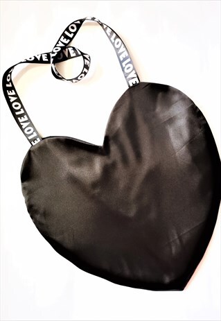 CUTE HEART SHAPED BLACK SATIN TOTE BAG
