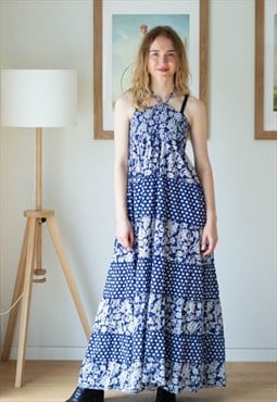 Blue and white printed floral maxi dress