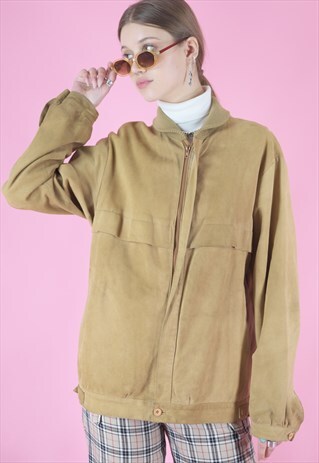 VINTAGE LEATHER JACKET BOMBER IN BEIGE WITH ZIPPER
