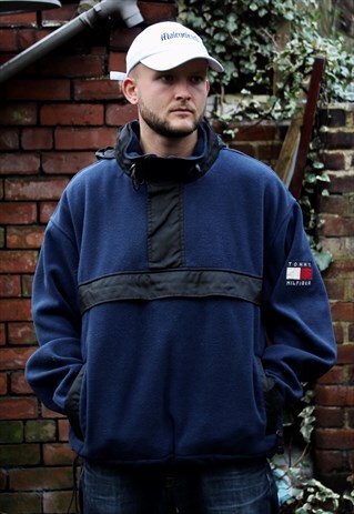 VINTAGE NAVY TOMMY HILFIGER HOODED PULLOVER FLEECE LARGE