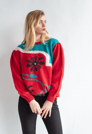 VINTAGE 80S CHIC PUFFER SLEEVE PATTERNED JUMPER
