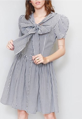 VINTAGE 1990'S CUSTOMISED MONOCHROME GINGHAM PUSSY BOW MINI