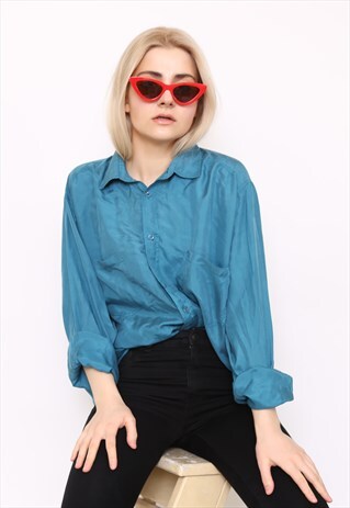 VINTAGE 90S GREEN SILK OVERSIZED BLOUSE SHIRT