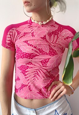 Vintage 00's Y2K Summer Pink Hawaii Floral Swim Surf Top