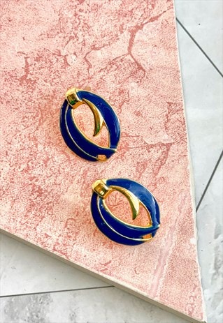 80s Blue & Gold Ribbon Style Earrings Vintage 