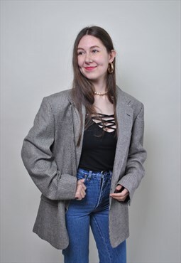 Wool oversized blazer, wool grey check jacket, women vintage