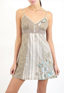 Vintage Y2K Mini Summer Dress, Floral Embroidery 