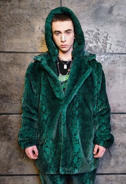 Python fleece coat handmade snake faux fur jacket in green