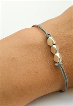 Silver beads bracelet grey cord minimalist gift for her
