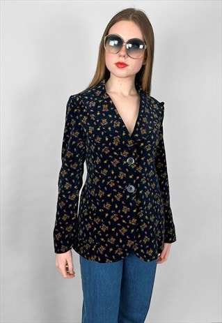 70'S VINTAGE BLUE FLORAL DAGGER COLLAR LONG SLEEVE JACKET