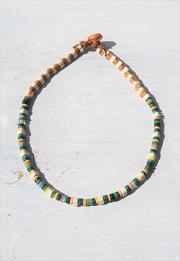 Handmade 90s ceramic/wood beaded leather cord necklace.