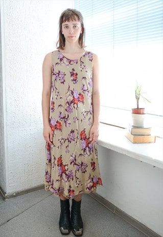 Vintage Multicolour Flower Print Midi Dress