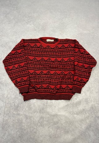 VINTAGE KNITTED JUMPER ABSTRACT PATTERNED GRANDAD SWEATER