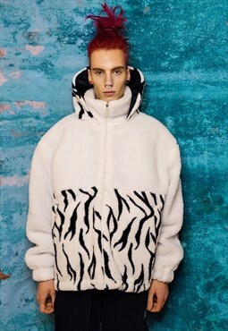 Tattoo fleece hood jacket handmade fluffy zebra bomber white