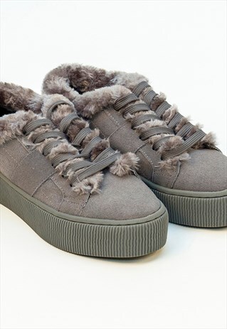 WALK IN PITAS CHUNKY GREY SUEDE AND FAUX FUR TRAINERS