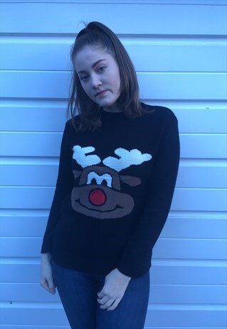 WOMENS VINTAGE BLACK RUDOLF REINDEER XMAS CHRISTMAS JUMPER