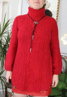 Vintage 90s Red Cable Aran Fisherman Knit Jumper Sweater