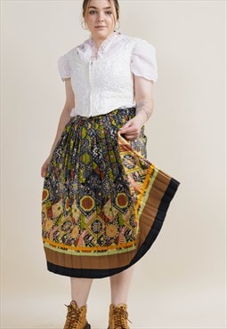 Vintage 70s Boho Multi Print Pleated Mini Skirt M/L