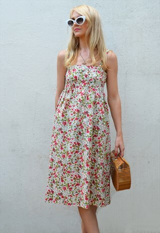 VINTAGE 70S WHITE FLORAL PATTERN SUMMER MIDI DRESS