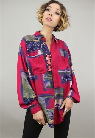 VINTAGE 80S 90S OVERSIZED LONG SLEEVE PATTERNED SHIRT PINK