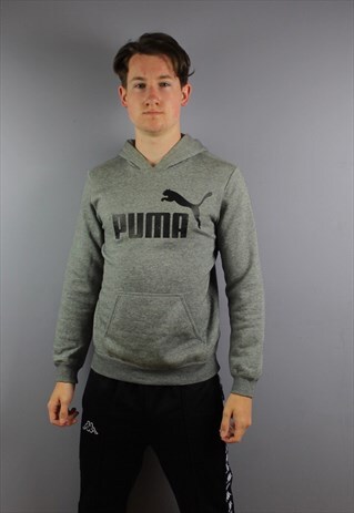 VINTAGE PUMA HOODIE IN GREY WITH PRINTED LOGO AND POUCH POCK