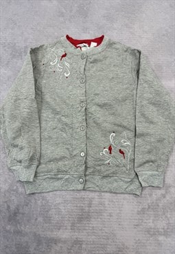 Vintage Cardigan Embroidered Birds Patterned Sweater