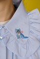 PASTEL BLUE FRILLY BIG COLLAR RUFFLE KITSCH APPLIQUE CATS 