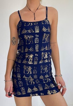 Vintage 90s Hieroglyphic  Egyptian Mini Dress Gold Graphic 